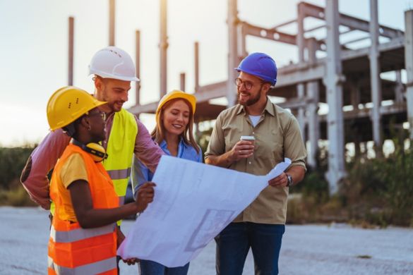 a group of construction workers discuss plans on a worksite